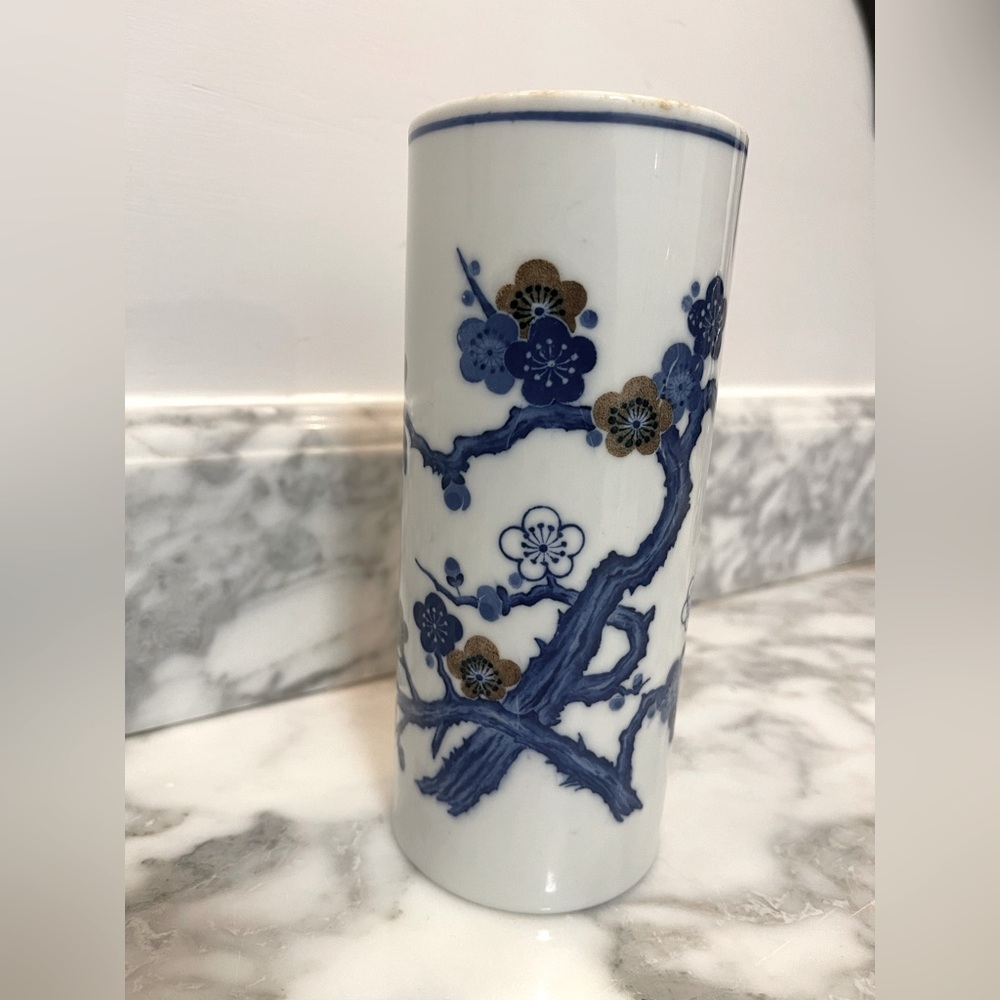 Chinese Porcelain Ceramic Blue White Plum Blossoms Vase Brush Pot 7” T